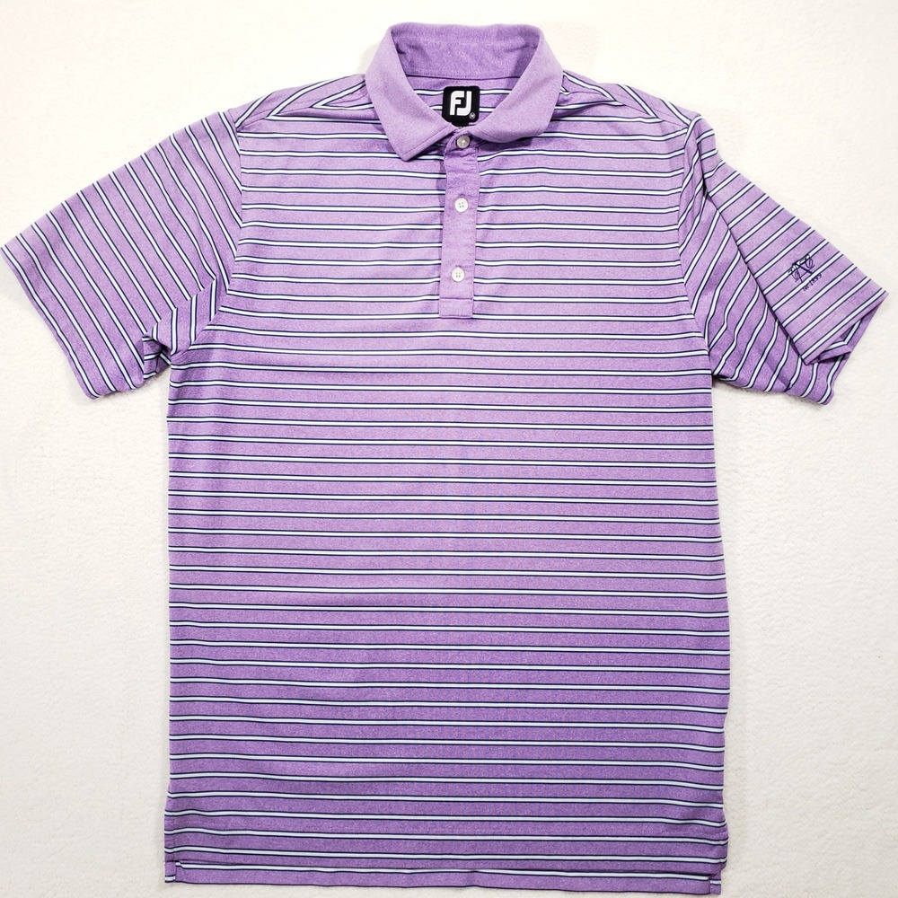 FootJoy Polo Shirt Mens Medium Purple‎ Striped Lisle Austin Country Club Golf